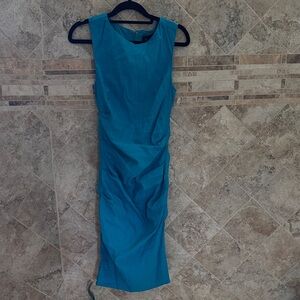 NWT nicole miller collection Lauren dress linen turquoise stretch size 0 ruched